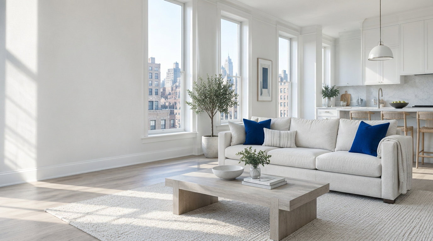 Sunlit New York living room with an ivory sofa and open white kitchen